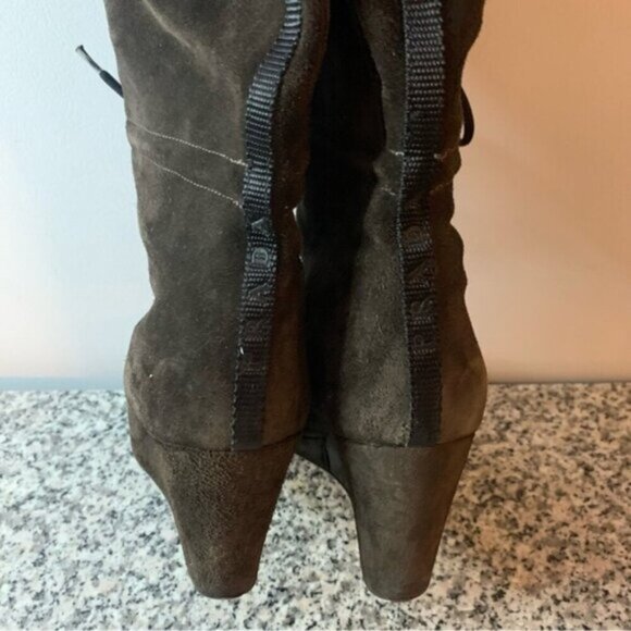 Prada Brown Suede Leather Shearling Knee High Wedge Boots 7 - Picture 14 of 15